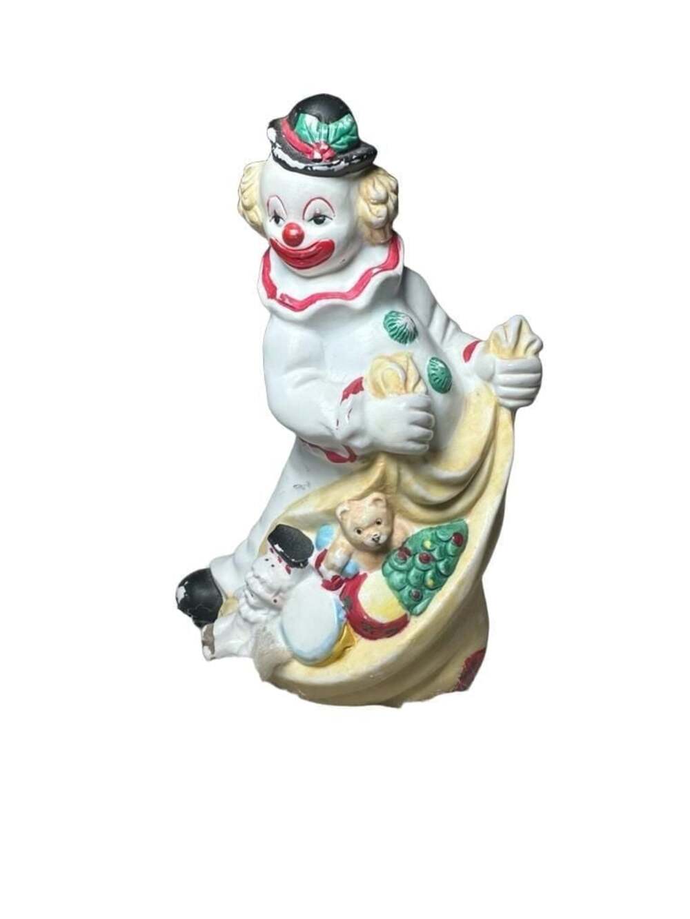 Vintage Hand Painted Porcelain Christmas Clown Figurine Holding Toy Bag
